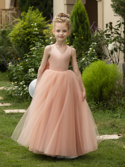 Robe Col en V sans Manches en Tulle pour Petite Fille d'Honneur avec Nœud en Satin