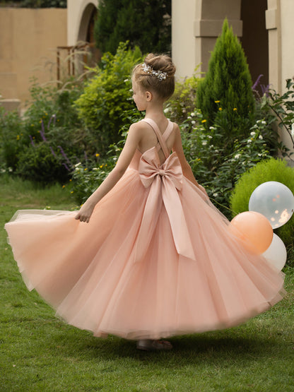 Robe Col en V sans Manches en Tulle pour Petite Fille d'Honneur avec Nœud en Satin