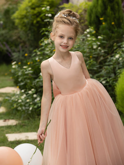 Robe Col en V sans Manches en Tulle pour Petite Fille d'Honneur avec Nœud en Satin