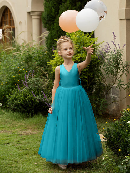 Robe Col en V sans Manches en Tulle pour Petite Fille d'Honneur avec Nœud en Satin