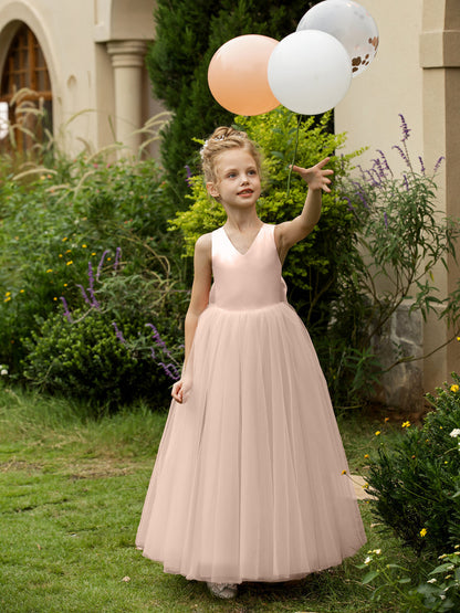 Robe Col en V sans Manches en Tulle pour Petite Fille d'Honneur avec Nœud en Satin