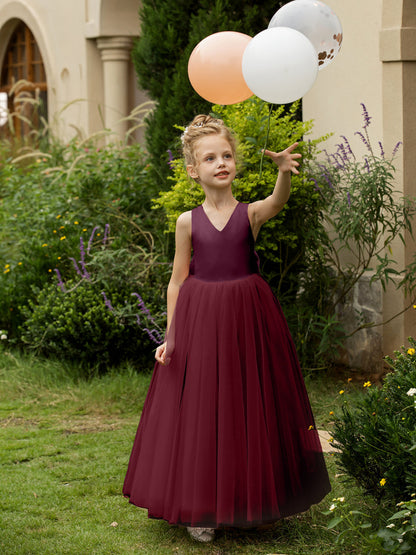 Robe Col en V sans Manches en Tulle pour Petite Fille d'Honneur avec Nœud en Satin