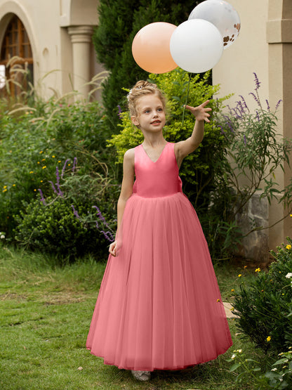 Robe Col en V sans Manches en Tulle pour Petite Fille d'Honneur avec Nœud en Satin