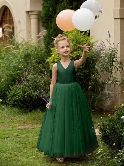 Robe Col en V sans Manches en Tulle pour Petite Fille d'Honneur avec Nœud en Satin