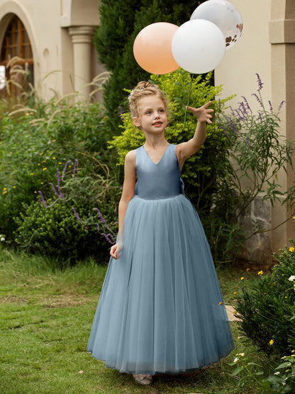 Robe Col en V sans Manches en Tulle pour Petite Fille d'Honneur avec Nœud en Satin