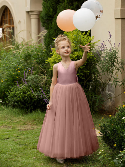 Robe Col en V sans Manches en Tulle pour Petite Fille d'Honneur avec Nœud en Satin