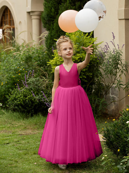 Robe Col en V sans Manches en Tulle pour Petite Fille d'Honneur avec Nœud en Satin