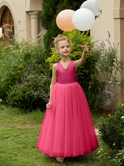 Robe Col en V sans Manches en Tulle pour Petite Fille d'Honneur avec Nœud en Satin