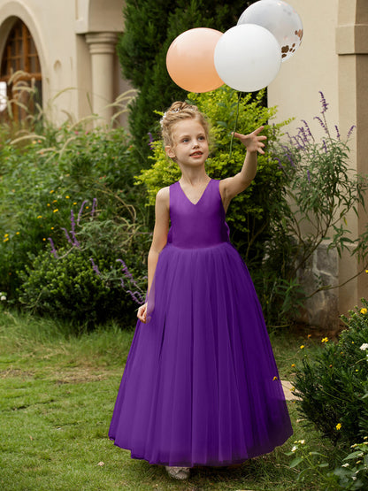 Robe Col en V sans Manches en Tulle pour Petite Fille d'Honneur avec Nœud en Satin