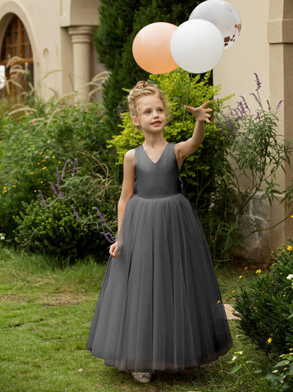 Robe Col en V sans Manches en Tulle pour Petite Fille d'Honneur avec Nœud en Satin