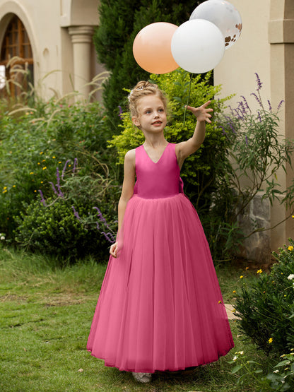 Robe Col en V sans Manches en Tulle pour Petite Fille d'Honneur avec Nœud en Satin