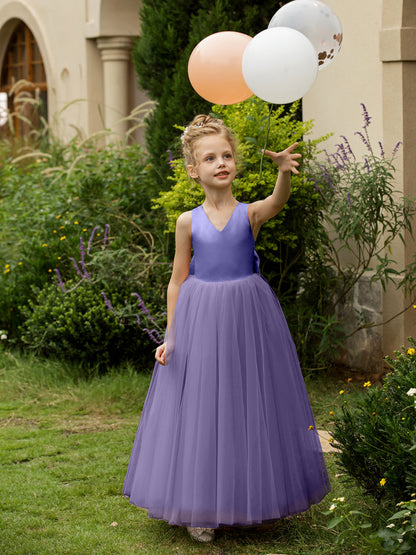 Robe Col en V sans Manches en Tulle pour Petite Fille d'Honneur avec Nœud en Satin