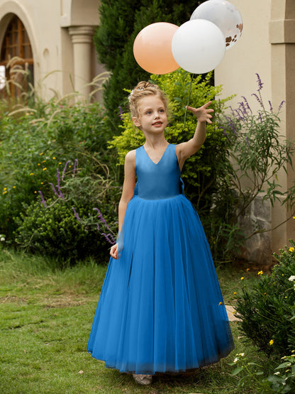 Robe Col en V sans Manches en Tulle pour Petite Fille d'Honneur avec Nœud en Satin