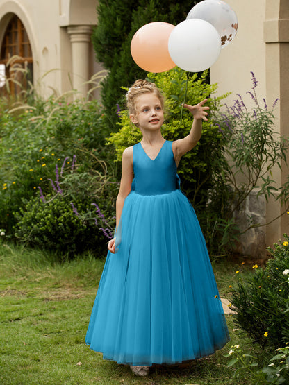 Robe Col en V sans Manches en Tulle pour Petite Fille d'Honneur avec Nœud en Satin