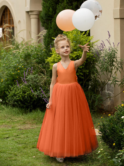 Robe Col en V sans Manches en Tulle pour Petite Fille d'Honneur avec Nœud en Satin