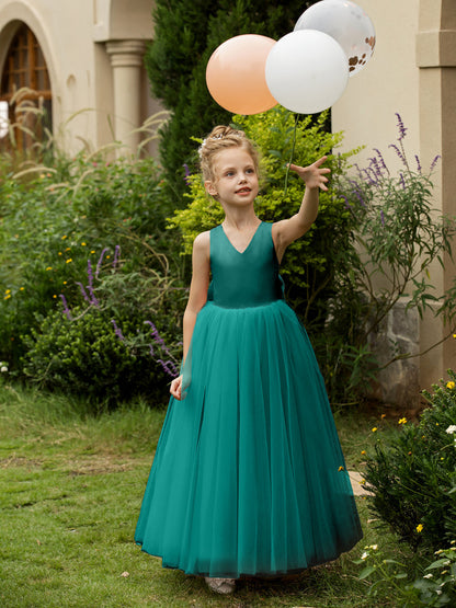 Robe Col en V sans Manches en Tulle pour Petite Fille d'Honneur avec Nœud en Satin