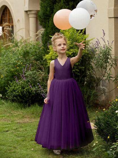 Robe Col en V sans Manches en Tulle pour Petite Fille d'Honneur avec Nœud en Satin