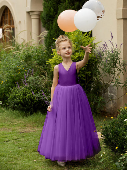 Robe Col en V sans Manches en Tulle pour Petite Fille d'Honneur avec Nœud en Satin