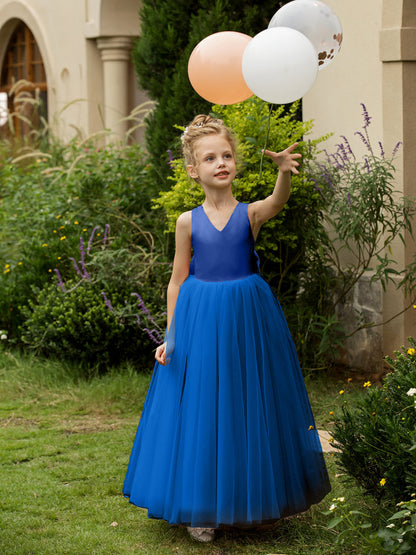 Robe Col en V sans Manches en Tulle pour Petite Fille d'Honneur avec Nœud en Satin