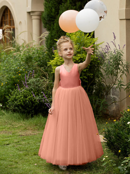 Robe Col en V sans Manches en Tulle pour Petite Fille d'Honneur avec Nœud en Satin