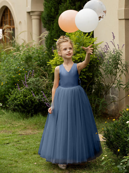 Robe Col en V sans Manches en Tulle pour Petite Fille d'Honneur avec Nœud en Satin