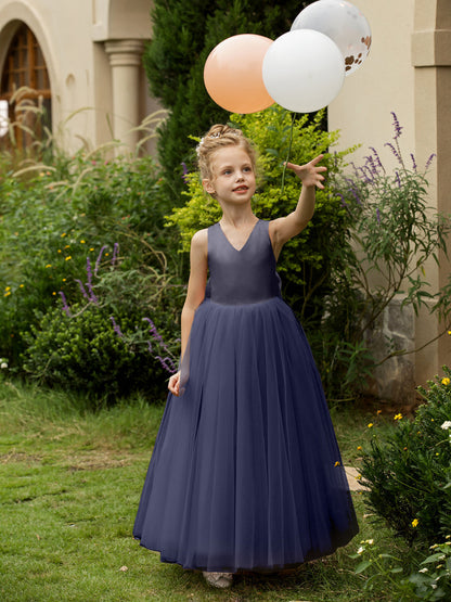 Robe Col en V sans Manches en Tulle pour Petite Fille d'Honneur avec Nœud en Satin