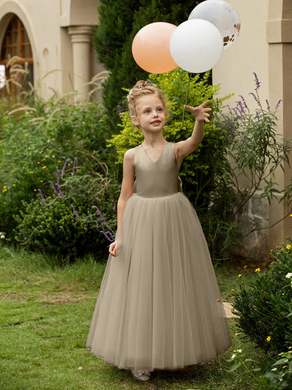 Robe Col en V sans Manches en Tulle pour Petite Fille d'Honneur avec Nœud en Satin