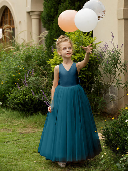 Robe Col en V sans Manches en Tulle pour Petite Fille d'Honneur avec Nœud en Satin