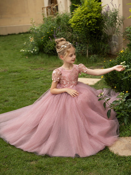 Robe Col Rond en Tulle pour Petite Fille d'Honneur avec Appliques et Nœud en Satin