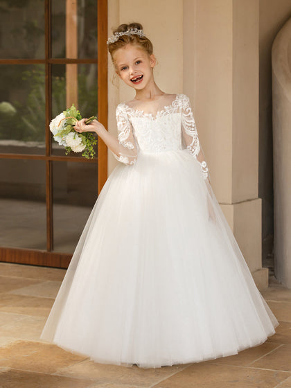 Robe Col Rond en Tulle pour Petite Fille d'Honneur avec Appliques et Nœud en Satin