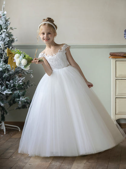 Robe Col Rond en Tulle pour Petite Fille d'Honneur avec Appliques et Nœud en Satin