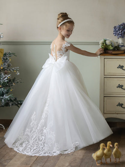 Robe Col Rond en Tulle pour Petite Fille d'Honneur avec Appliques et Nœud en Satin