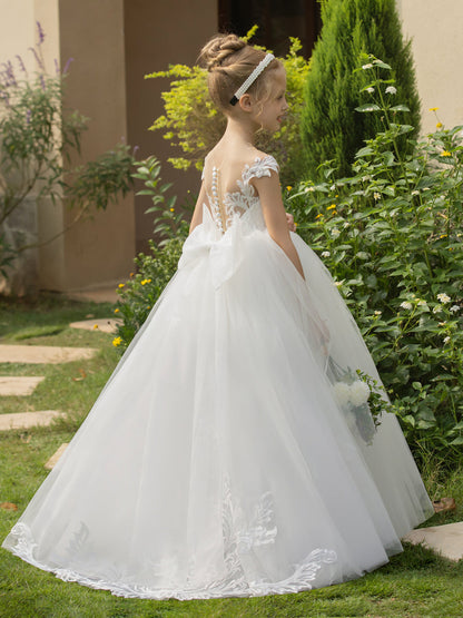 Robe Col Rond en Tulle pour Petite Fille d'Honneur avec Appliques et Nœud en Satin