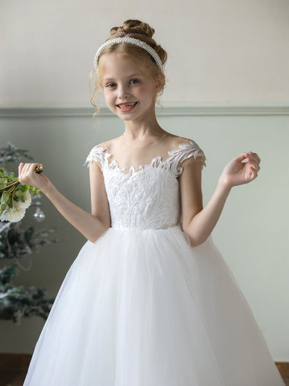 Robe Col Rond en Tulle pour Petite Fille d'Honneur avec Appliques et Nœud en Satin