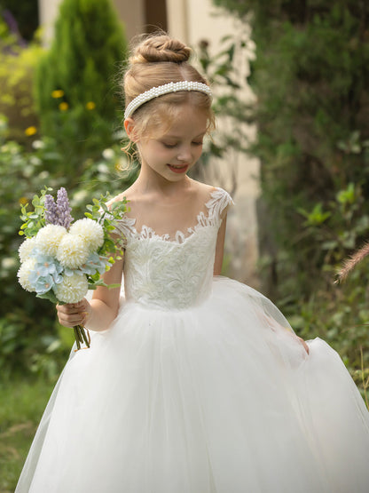 Robe Col Rond en Tulle pour Petite Fille d'Honneur avec Appliques et Nœud en Satin