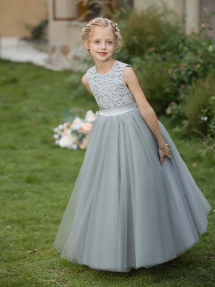 Robe Col Rond en Tulle pour Petite Fille d'Honneur avec Appliques et Ceinture