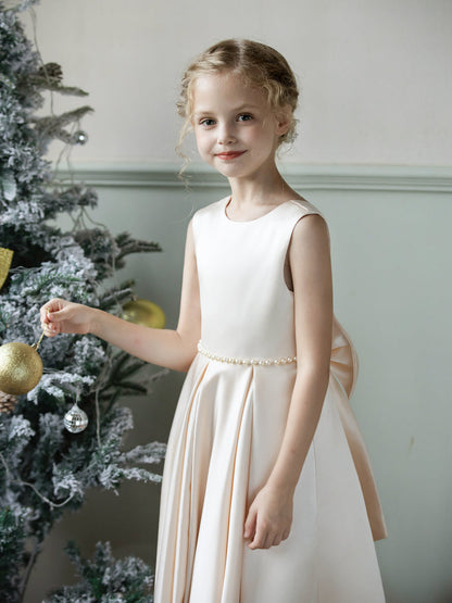 Robe Col Rond en Satin pour Petite Fille d'Honneur avec Perles et Nœud