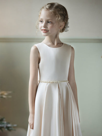 Robe Col Rond en Satin pour Petite Fille d'Honneur avec Perles et Nœud