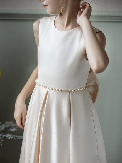 Robe Col Rond en Satin pour Petite Fille d'Honneur avec Perles et Nœud