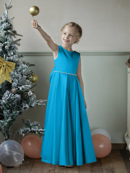 Robe Col Rond en Satin pour Petite Fille d'Honneur avec Perles et Nœud