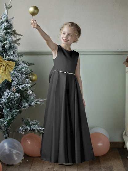 Robe Col Rond en Satin pour Petite Fille d'Honneur avec Perles et Nœud