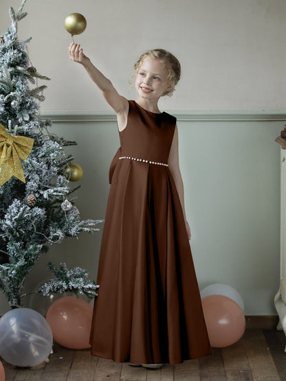 Robe Col Rond en Satin pour Petite Fille d'Honneur avec Perles et Nœud