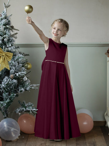 Robe Col Rond en Satin pour Petite Fille d'Honneur avec Perles et Nœud