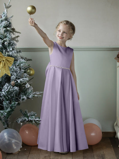 Robe Col Rond en Satin pour Petite Fille d'Honneur avec Perles et Nœud