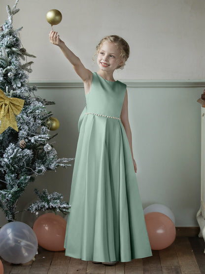 Robe Col Rond en Satin pour Petite Fille d'Honneur avec Perles et Nœud