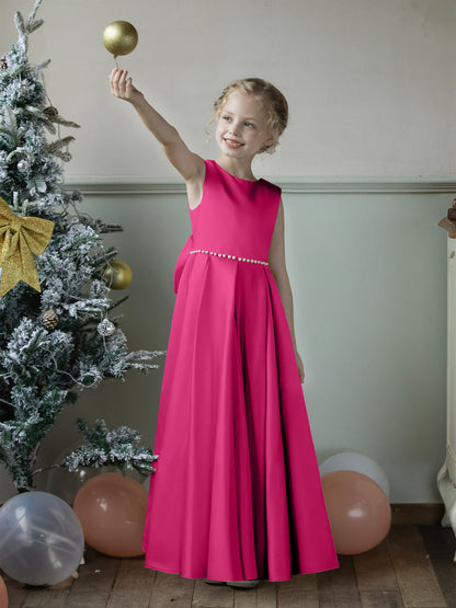 Robe Col Rond en Satin pour Petite Fille d'Honneur avec Perles et Nœud