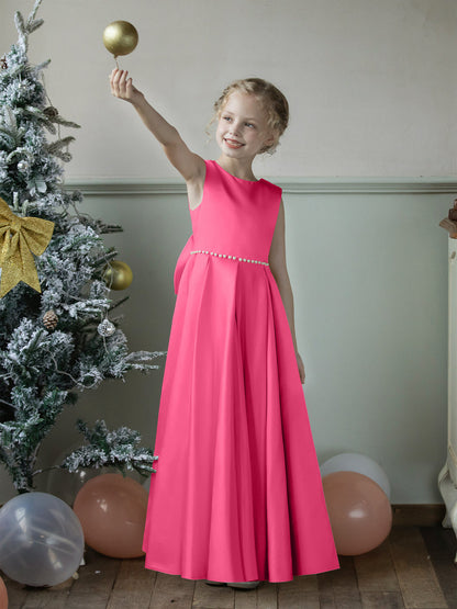 Robe Col Rond en Satin pour Petite Fille d'Honneur avec Perles et Nœud