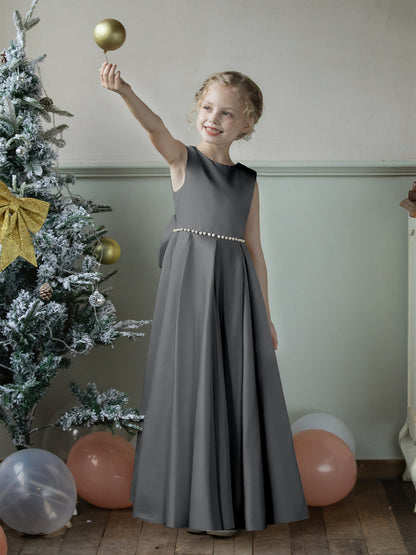 Robe Col Rond en Satin pour Petite Fille d'Honneur avec Perles et Nœud