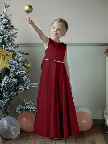 Robe Col Rond en Satin pour Petite Fille d'Honneur avec Perles et Nœud