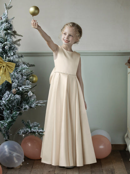 Robe Col Rond en Satin pour Petite Fille d'Honneur avec Perles et Nœud